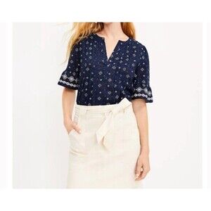 LOFT Women's Navy Blue White Pleated Flounce Cuff Top Size Large